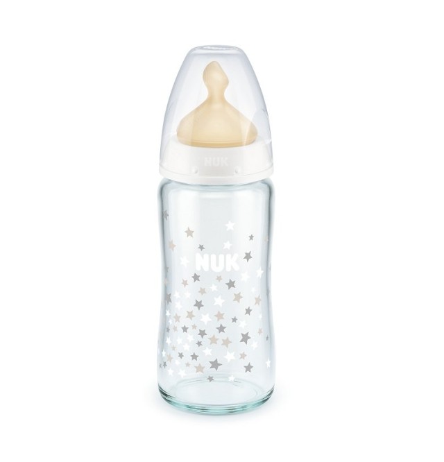 Nuk First Choice+ Γυάλινο Μπιμπερό Με Θηλή Latex M Λευκό 0-6m 240ml 1τμχ