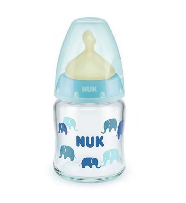 Nuk First Choice+ Γυάλινο Μπιμπερό Με Θηλή Latex M Γαλάζιο 0-6m 120ml 1τμχ