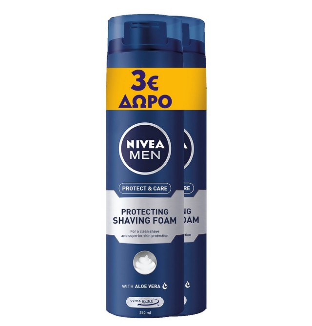 Nivea Men Protect & Care Shaving Foam Αφρός Ξυρίσματος Me Aloe Vera 2x250ml (3 ευρώ Δώρο)