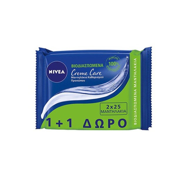 Nivea Creme Care Μαντηλάκια Καθαρισμού Βιοδιασπώμενα 25τεμ 1+1 Δώρο