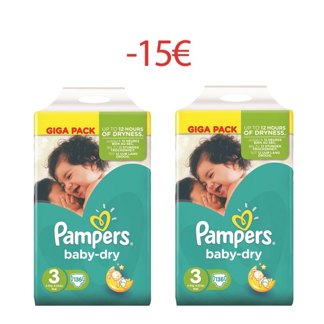 PAMPERS PROMO PACK GIGA PACK Baby Dry Midi No3 (4-9kg) 136τμχ 2τμχ -15€