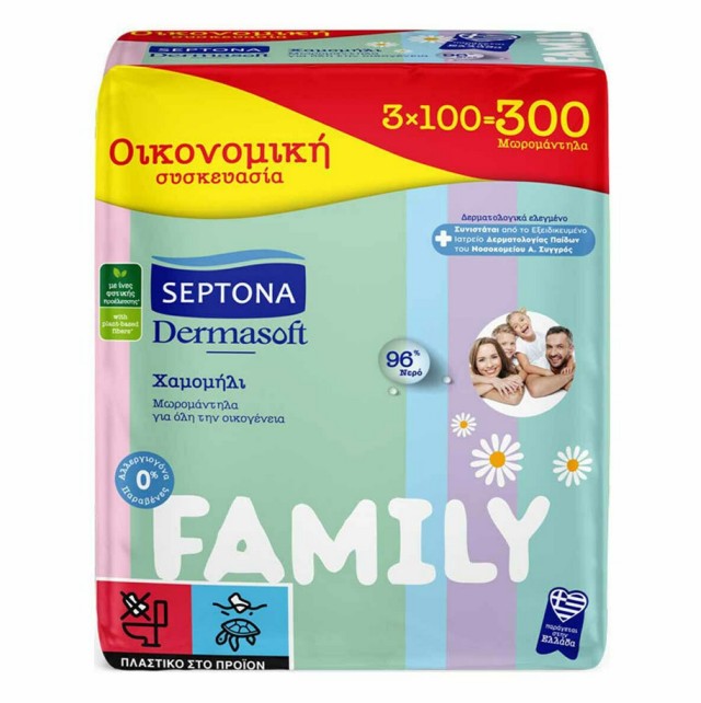 Septona Μωρομάντηλα με Χαμομήλι Dermasoft Chamomille Family 3x100τμχ