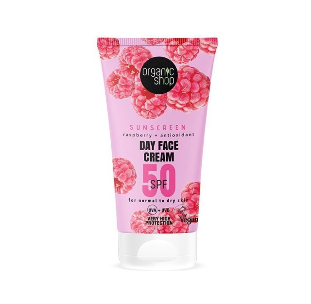 Organic Shop Sunscreen Day Face Cream SPF50 Ενυδατική Αντηλιακή Κρέμα Προσώπου με Σμέουρo 50ml